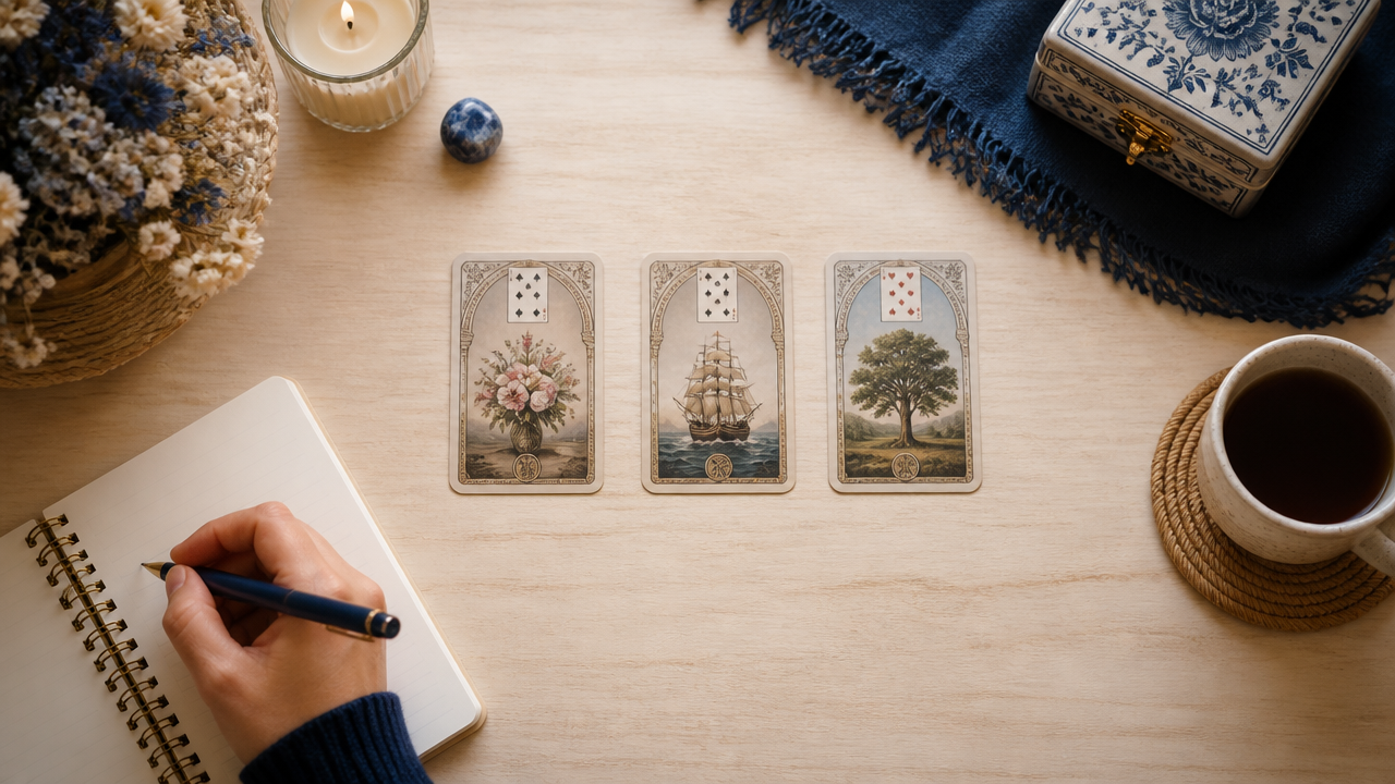 Tiragem de três cartas Lenormand sobre uma mesa com caderno de anotações