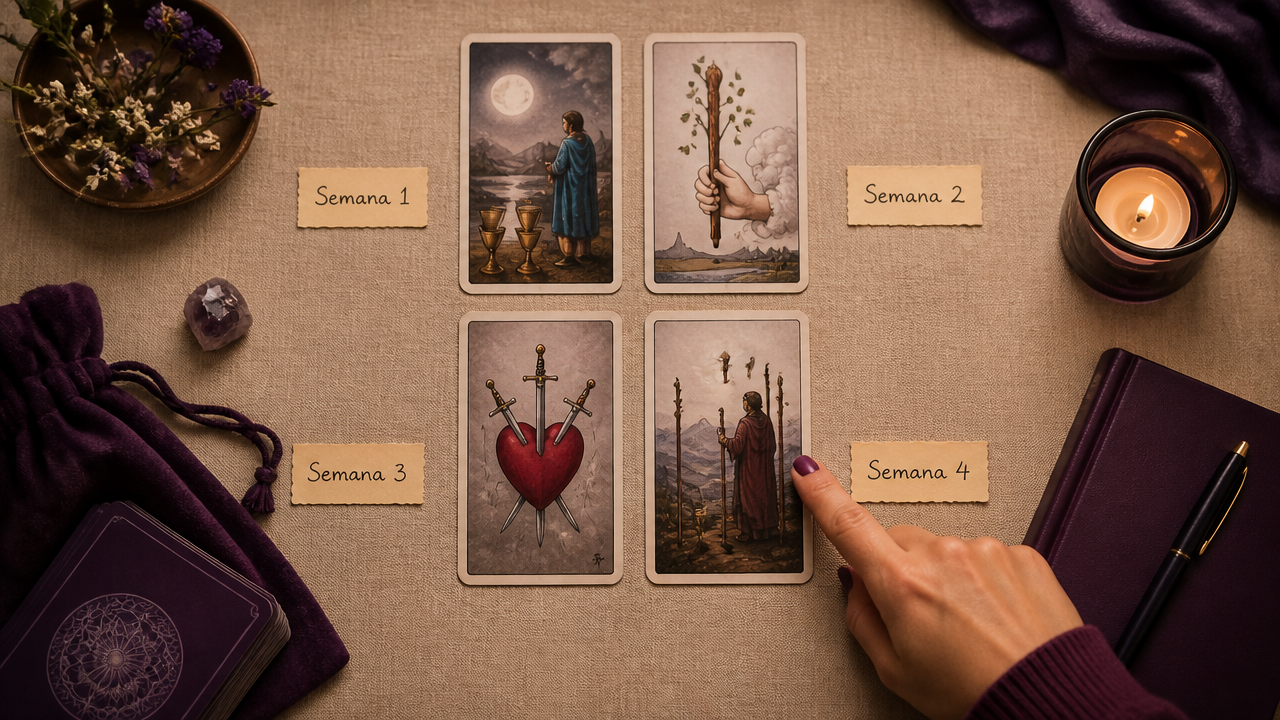 Tiragem mensal com quatro posições de cartas para acompanhar as emoções da semana