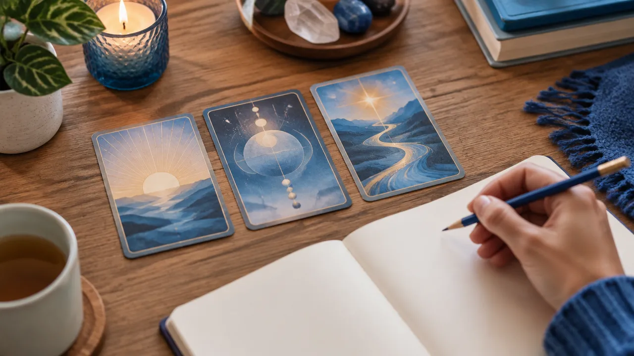 Tiragem reflexiva de três cartas ao lado de um diário aberto para observar o momento presente.