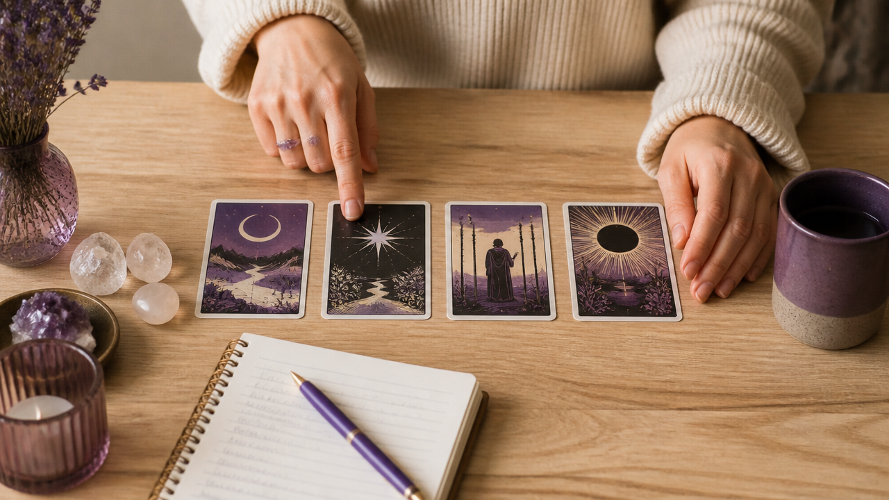 Tiragem simples de tarot com quatro cartas alinhadas sobre mesa de madeira e bloco de notas ao lado