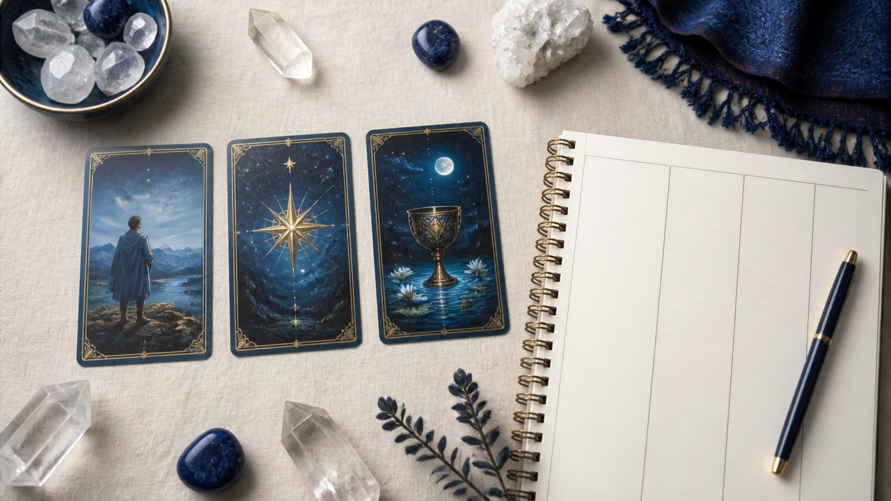 Tiragem simples de tarot com três cartas ao lado de um caderno para interpretar sonhos