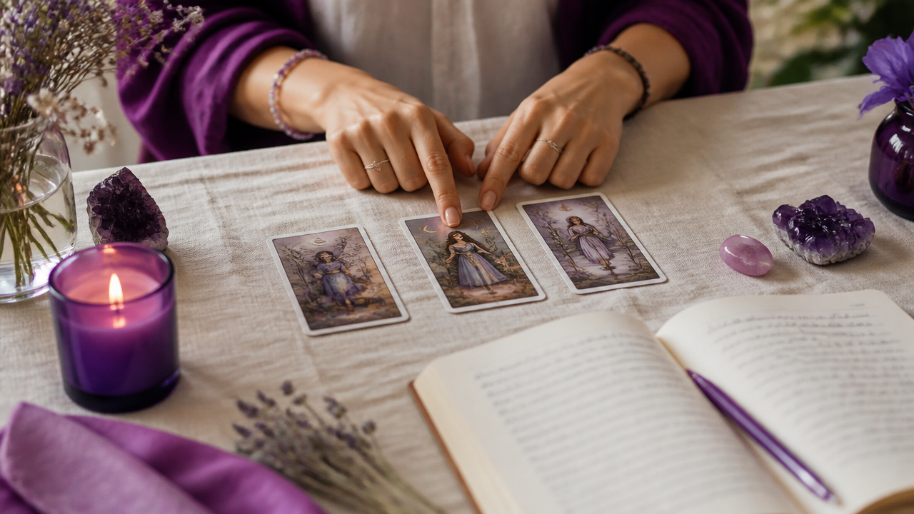 Tiragem simples de tarot com três cartas e diário de anotações para reflexão emocional.
