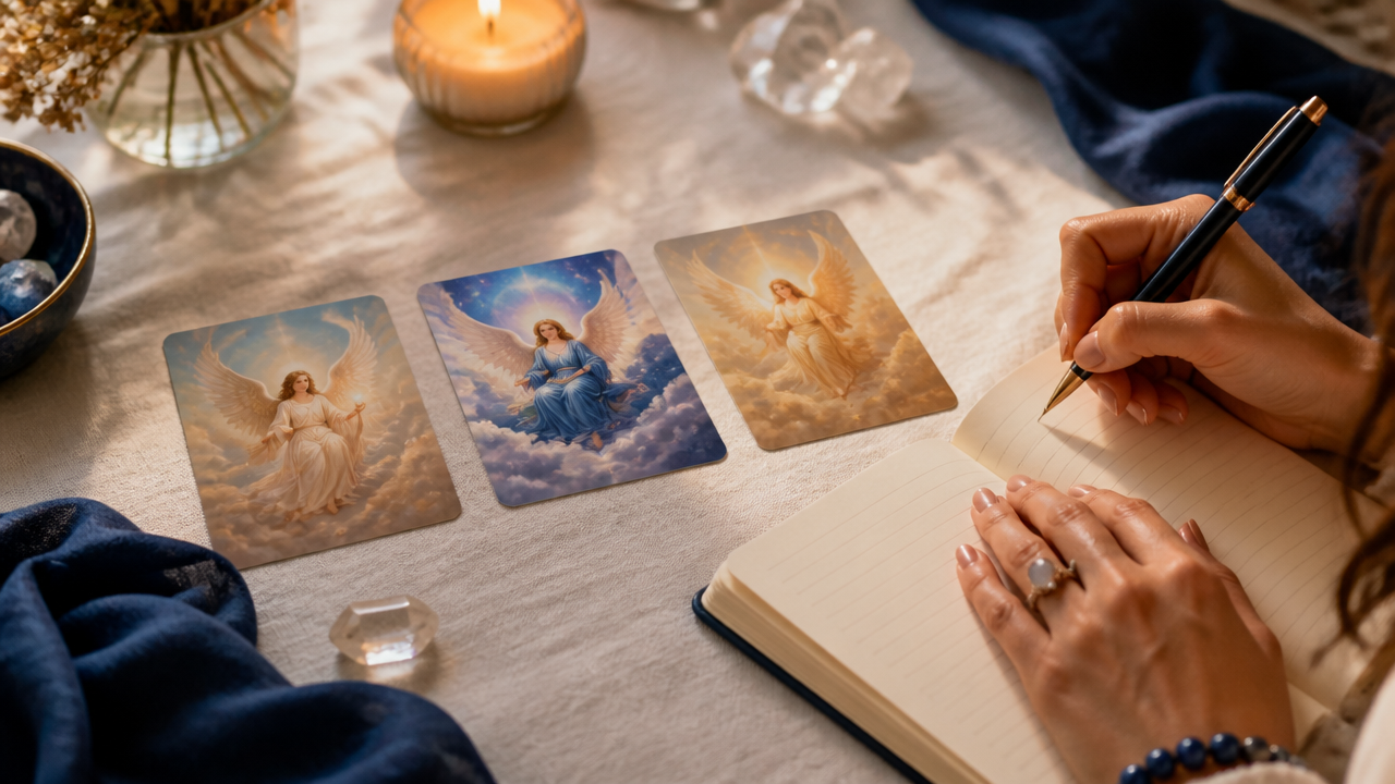 Tiragem simples de três cartas de oráculo com anotações em caderno para orientação espiritual