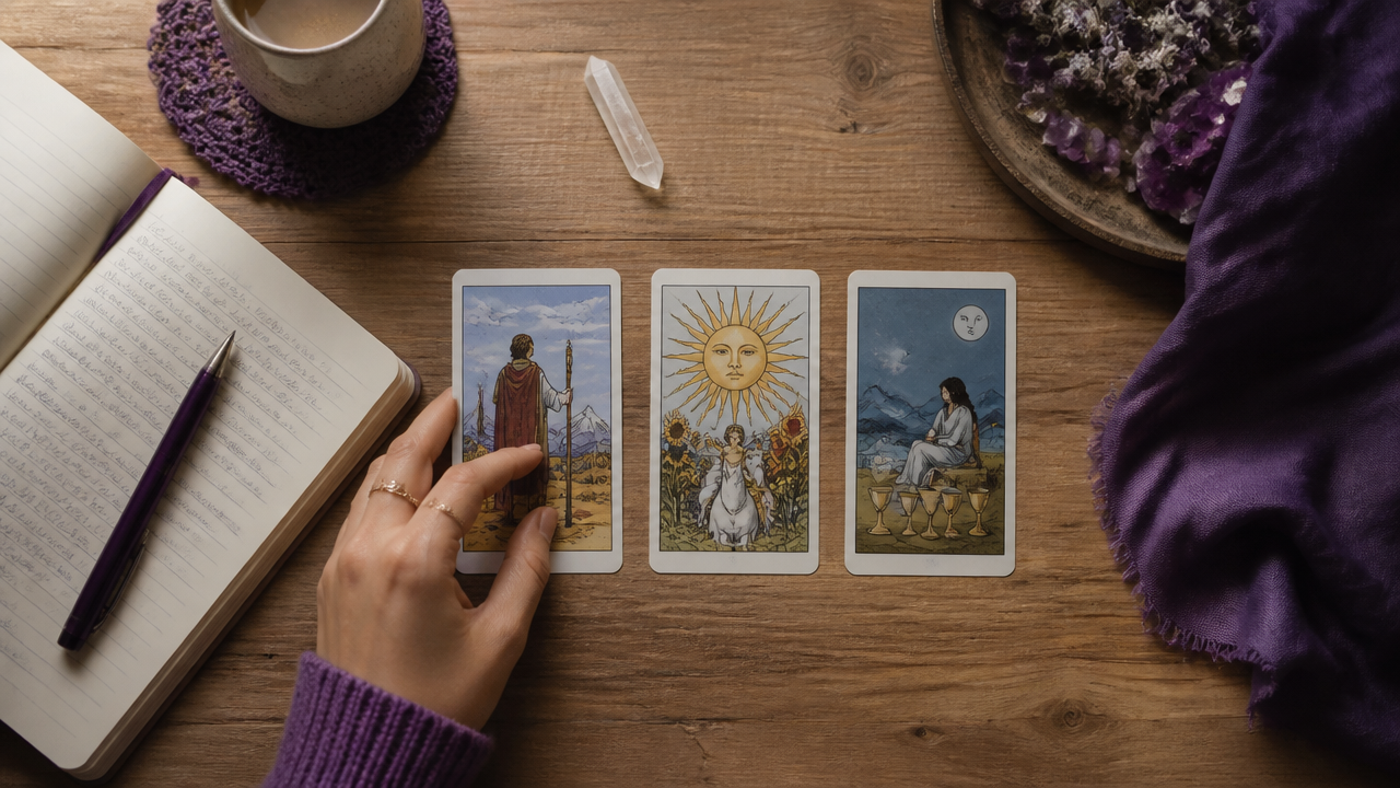 Tiragem simples de três cartas de tarot ao lado de um caderno de anotações para ganhar clareza e direção