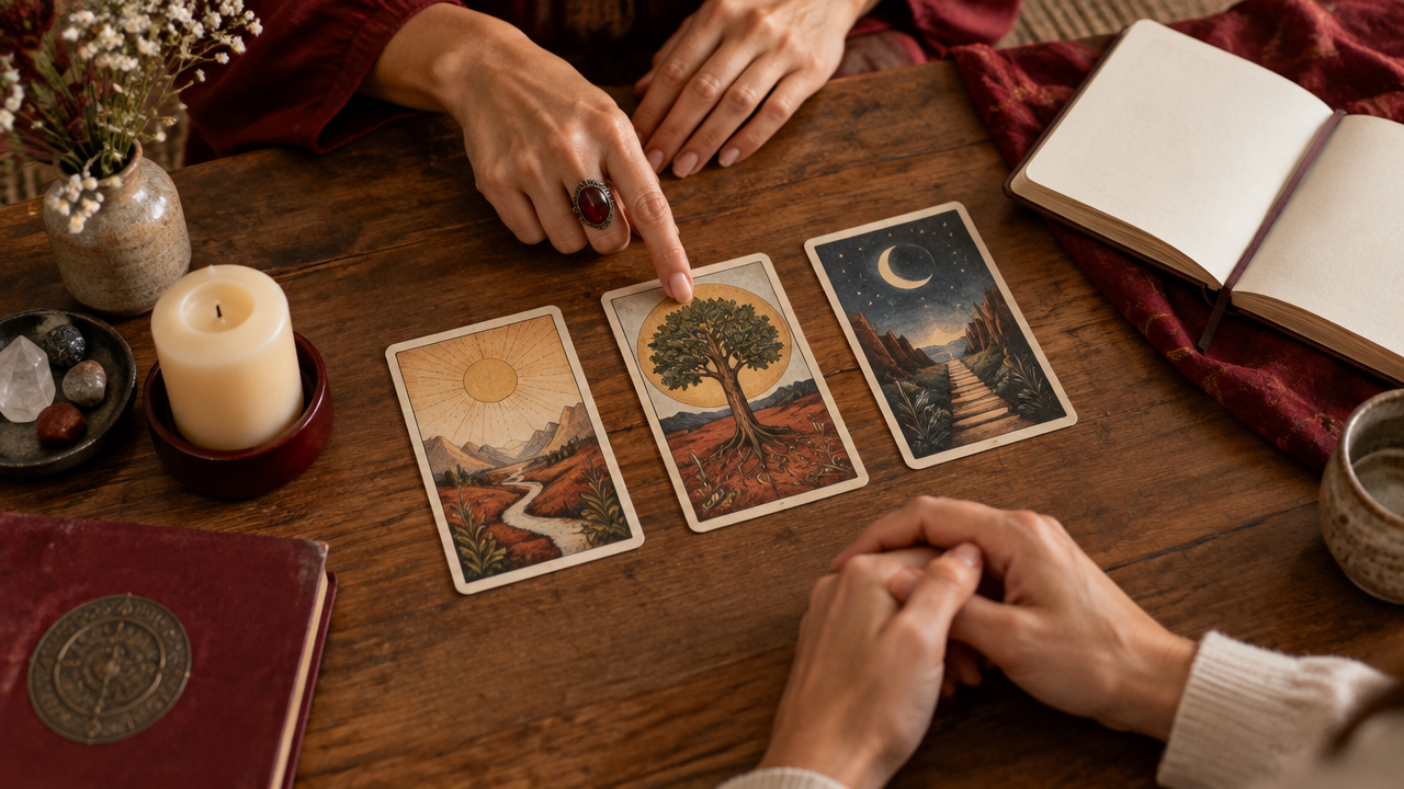 Tiragem simples de três cartas de Tarot sendo interpretada em uma consulta