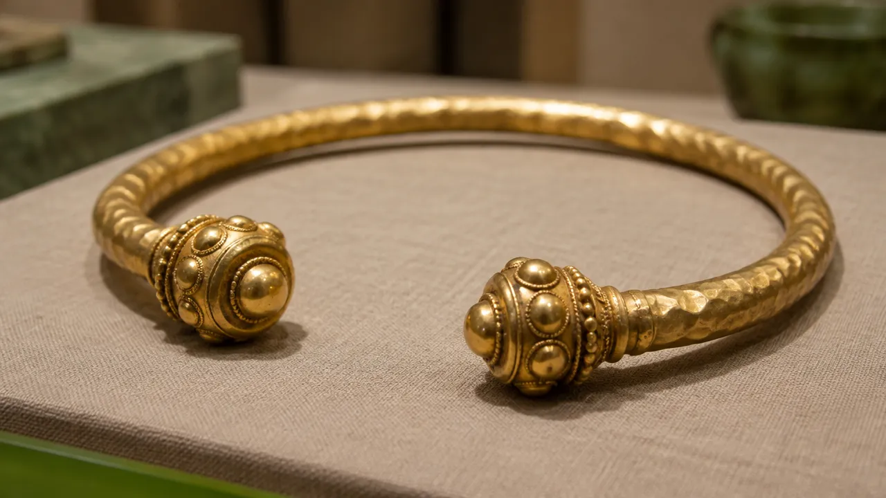 Torques dourado de inspiração arqueológica sobre tecido neutro, representando a ourivesaria antiga europeia