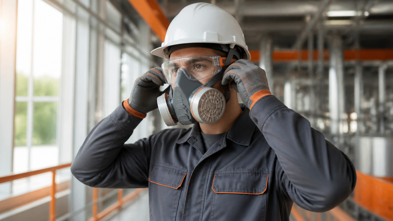 Trabalhador ajustando respirador de proteção em ambiente industrial seguro