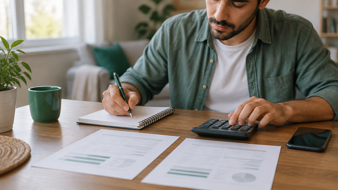 Trabalhador autônomo compara parcelas e custo de uma proposta em caderno e calculadora