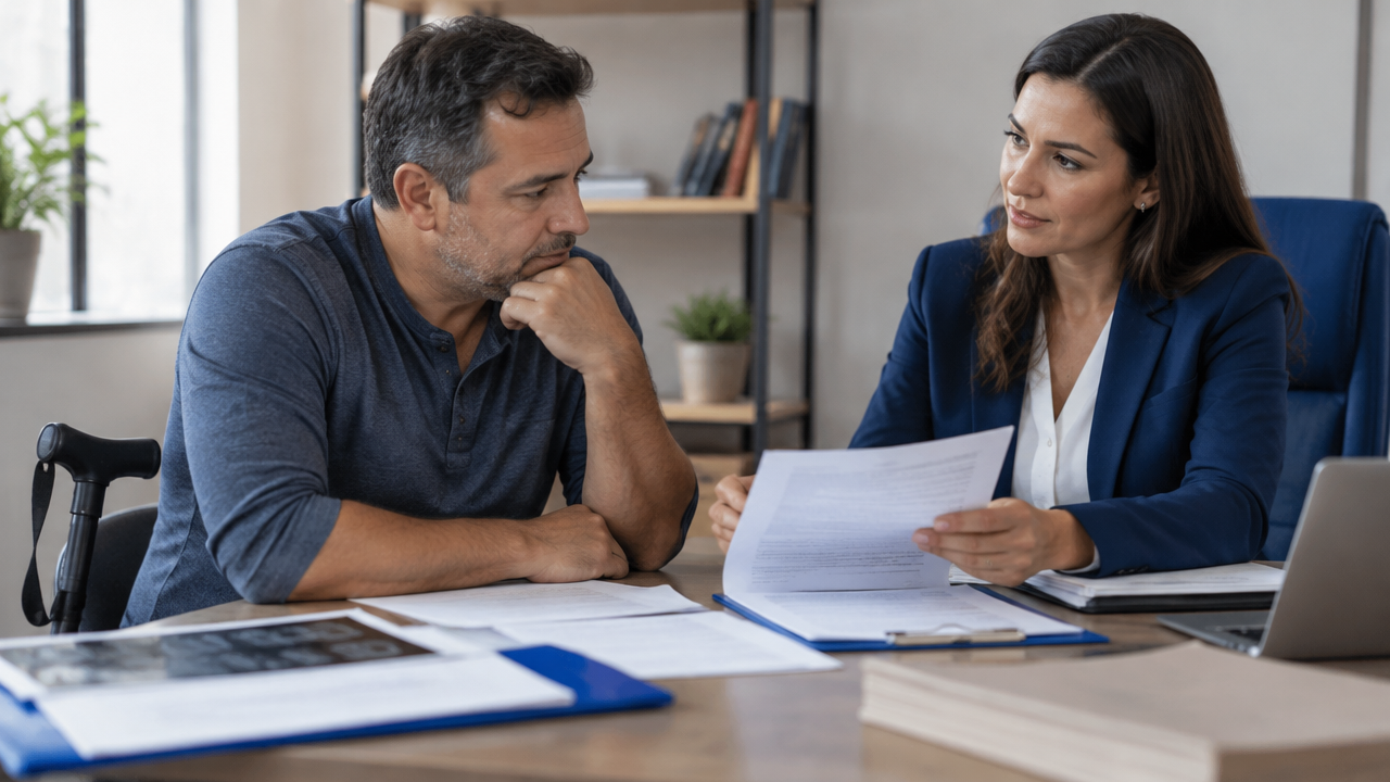 Trabalhador com limitação física conversa com profissional sobre documentos para benefício por incapacidade do INSS