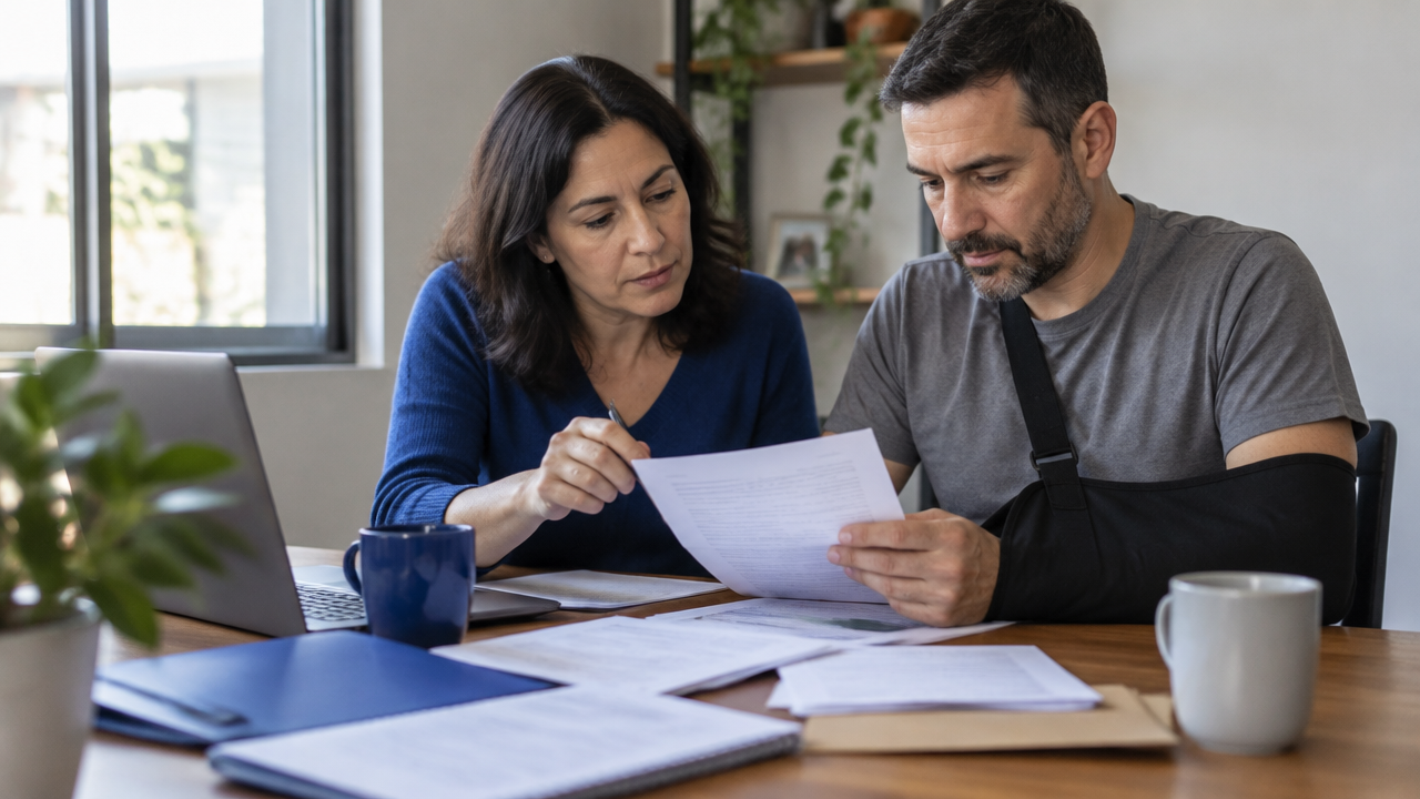 Trabalhador com sequela permanente revisa documentos sobre benefício previdenciário