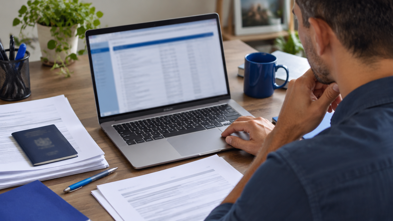 Trabalhador confere documentos e histórico previdenciário em um notebook