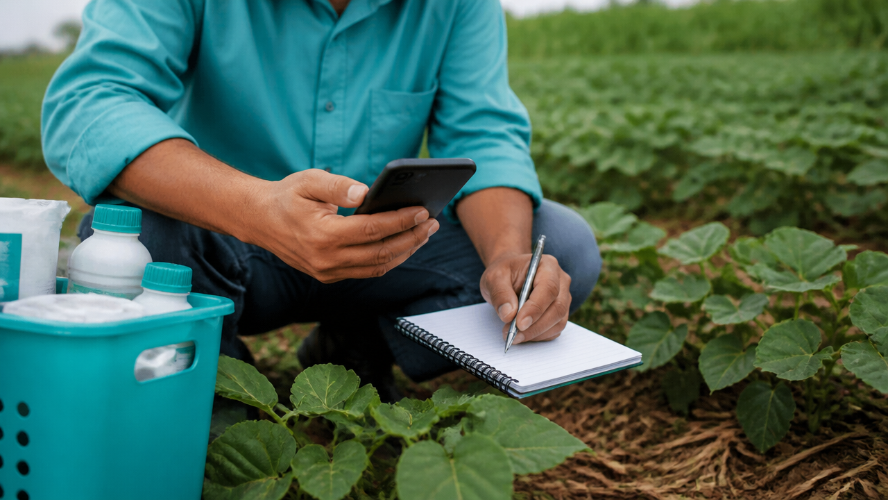 Trabalhador rural registrando atividade no celular no campo, destacando uso offline