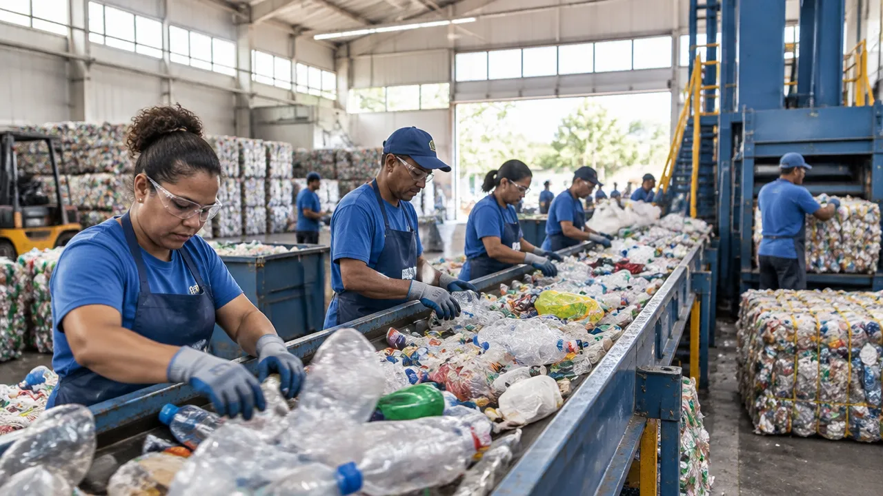 Trabalhadores de cooperativa fazem triagem de embalagens plásticas em galpão organizado