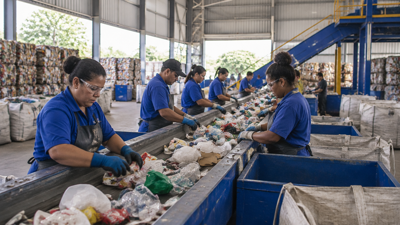 Trabalhadores de cooperativa organizam materiais recicláveis em uma central de triagem