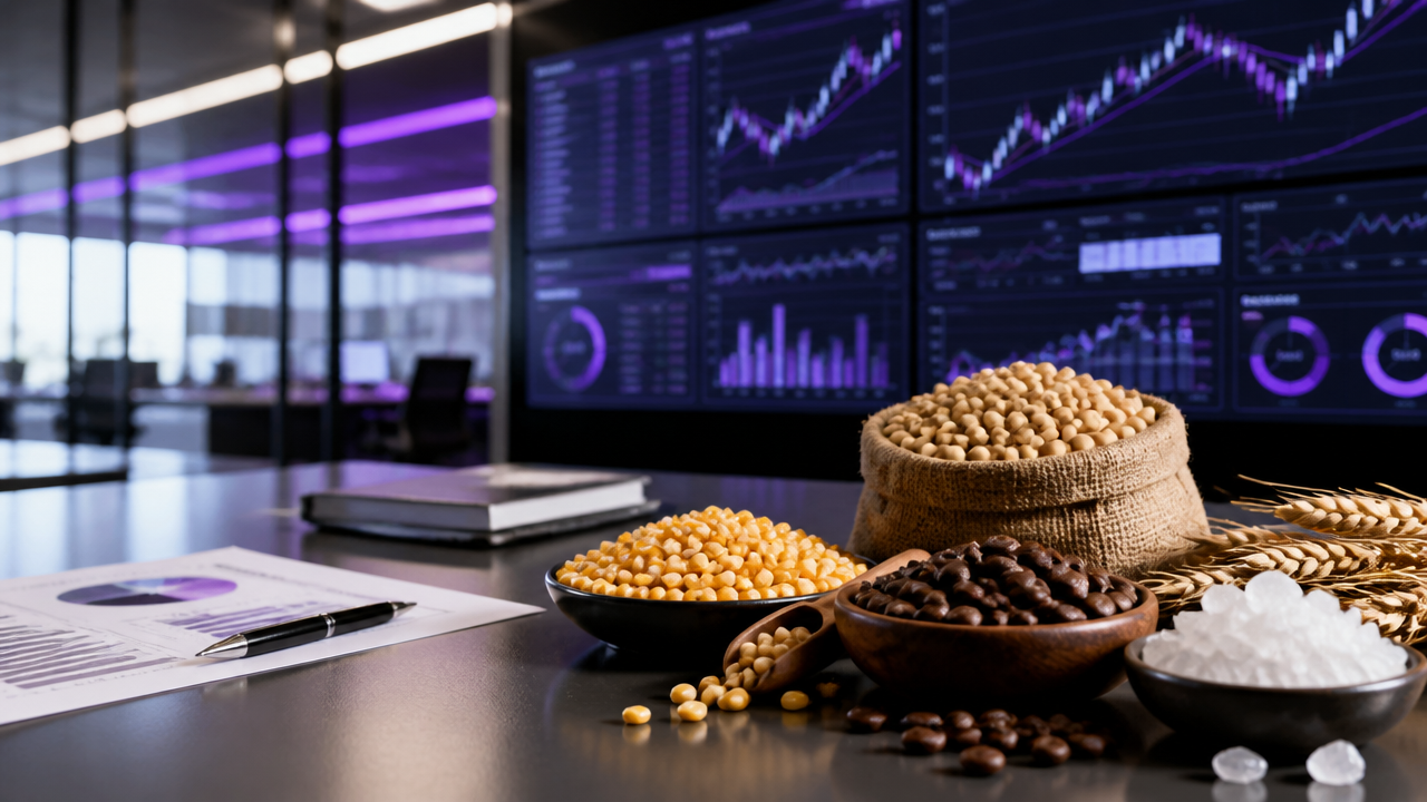 Trading desk with agricultural commodities and market price screens