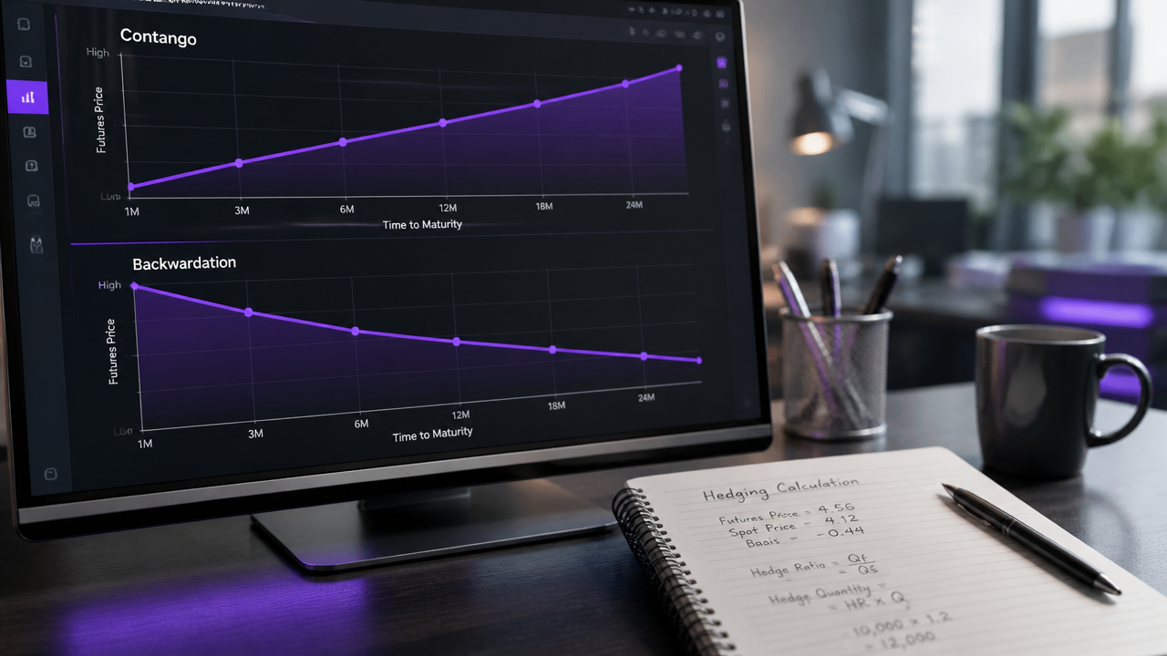 Trading monitor displaying commodity futures curve shapes beside hedging notes on a desk