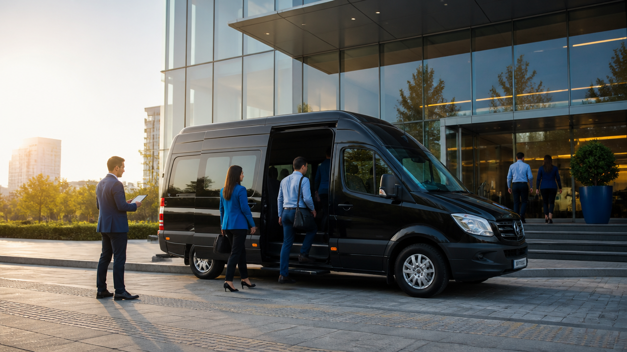 Transporte corporativo de colaboradores com van chegando a um prédio empresarial