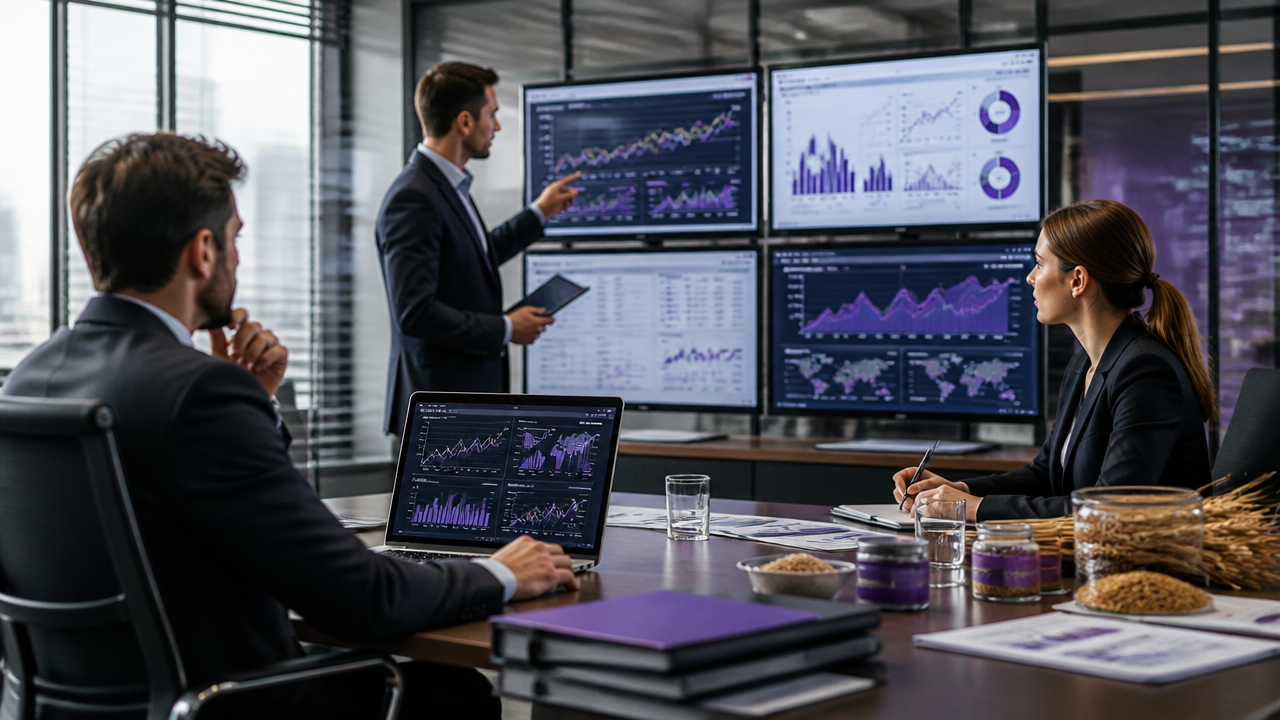 Treasury team reviewing hedge accounting reports and market risk dashboards in a modern office