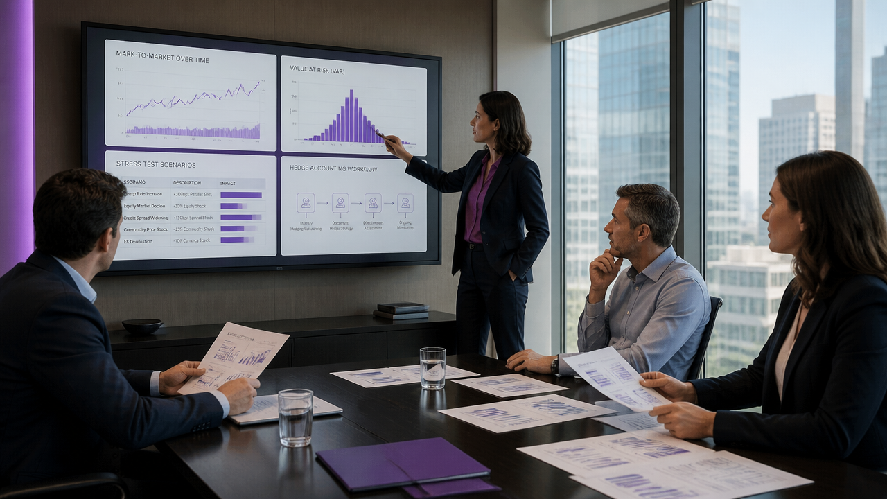 Treasury team reviewing mark-to-market, VaR, and hedge accounting reports
