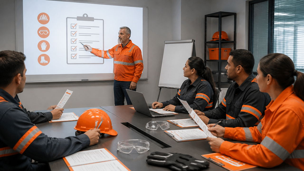 Treinamento corporativo de segurança com equipe analisando ordem de serviço e procedimentos