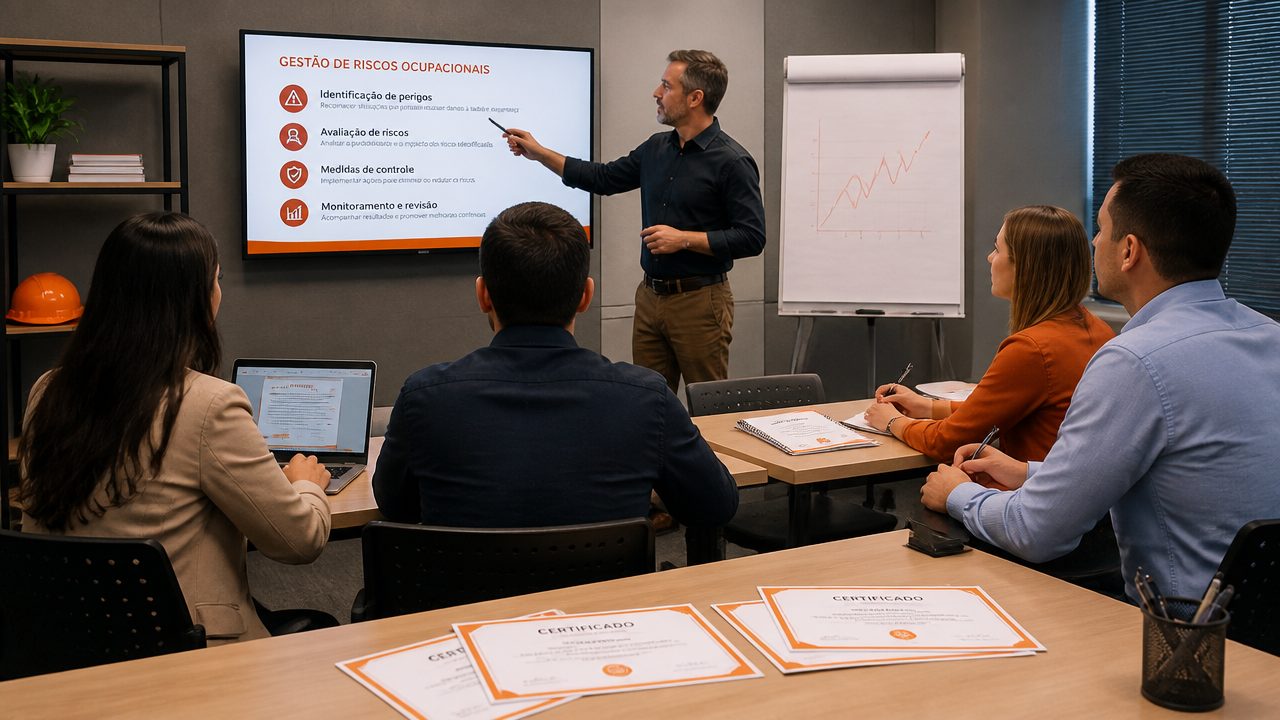 Treinamento corporativo sobre NR-01 com participantes analisando materiais e certificados