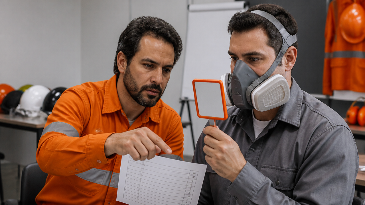 Treinamento de ajuste e vedação de respirador em sala de segurança do trabalho