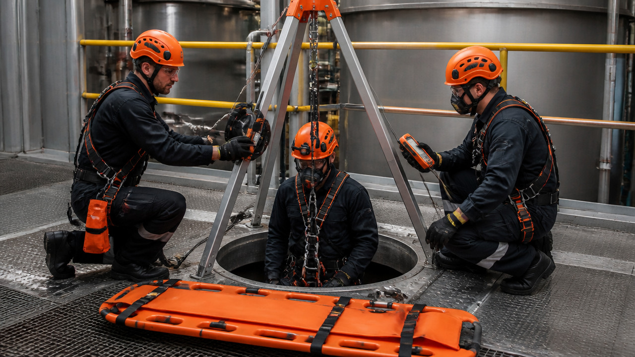 Treinamento de resgate em espaço confinado com tripé, linha de vida e equipe com EPI