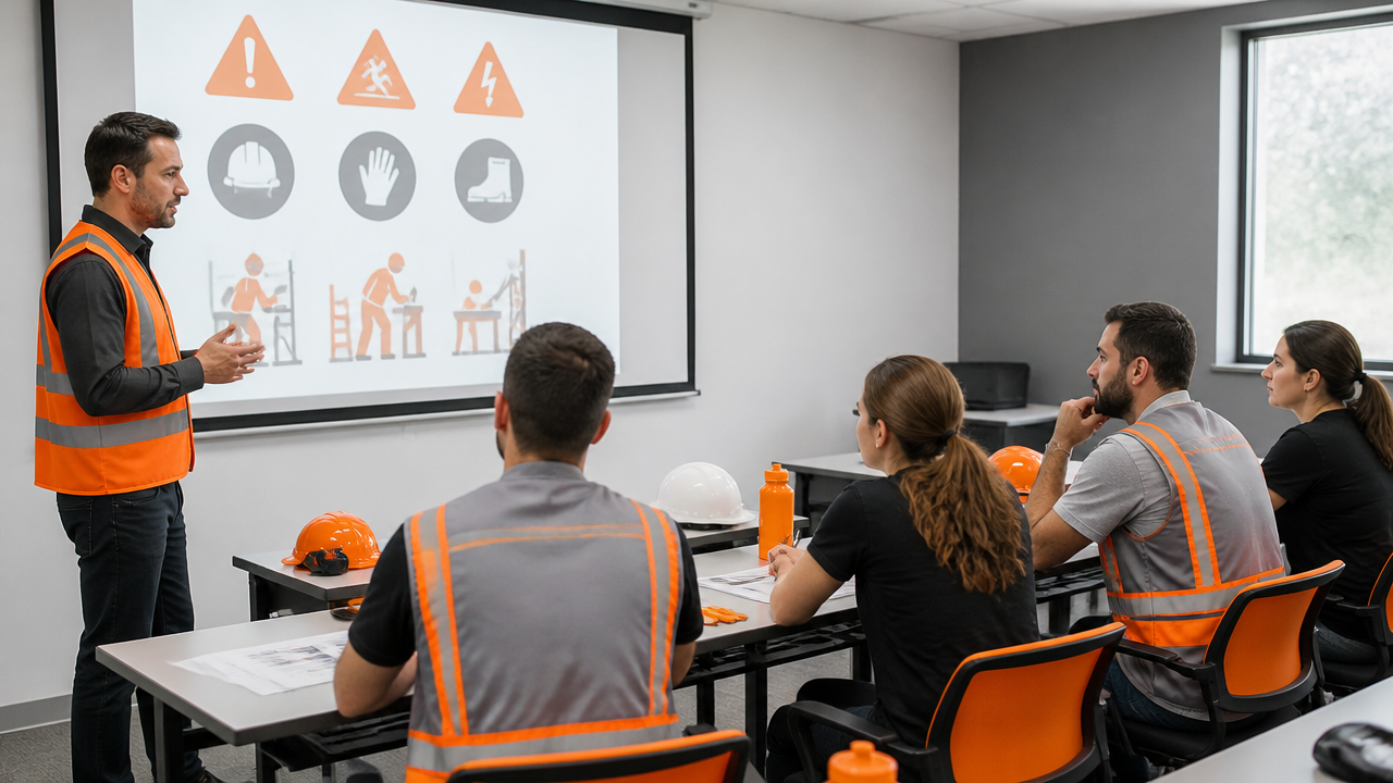 Treinamento de segurança do trabalho com instrutor e equipe em sala