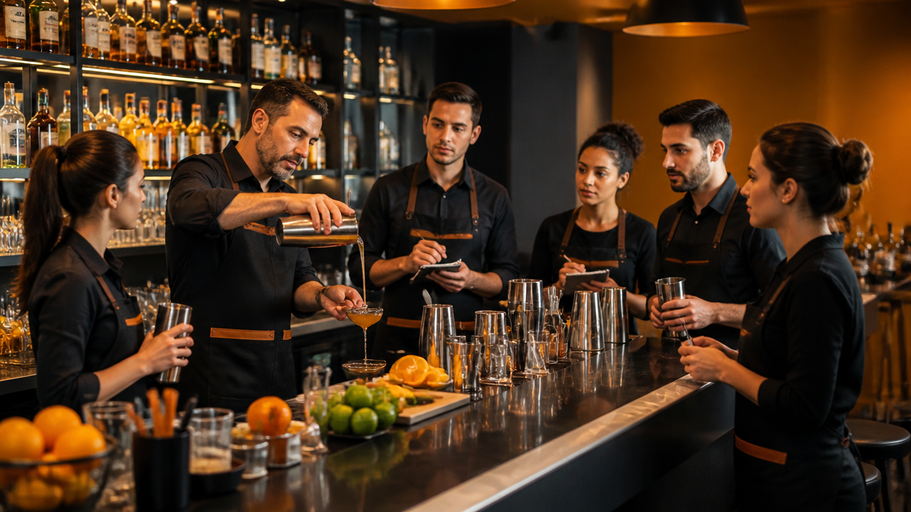 Treinamento prático de bartenders em ambiente de bar escola com instrutor e alunos