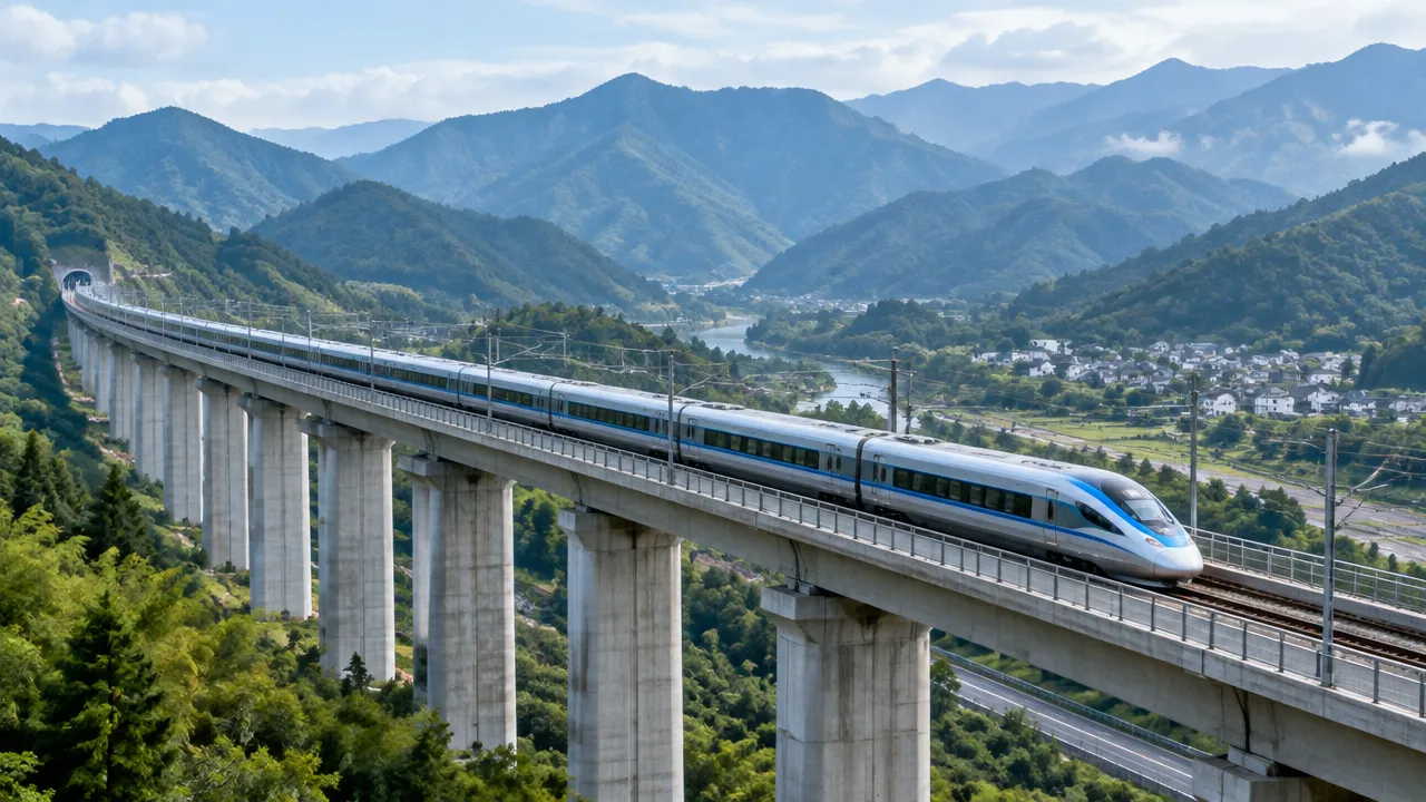 Trem de alta velocidade percorre um viaduto extenso em região montanhosa