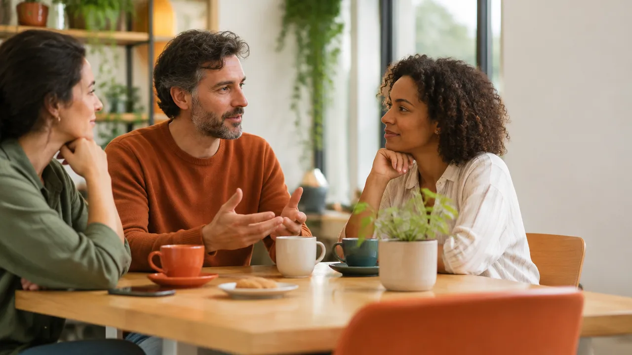 Três adultos conversam com calma à mesa, com uma pessoa escutando atentamente, em uma cena que representa maturidade social.