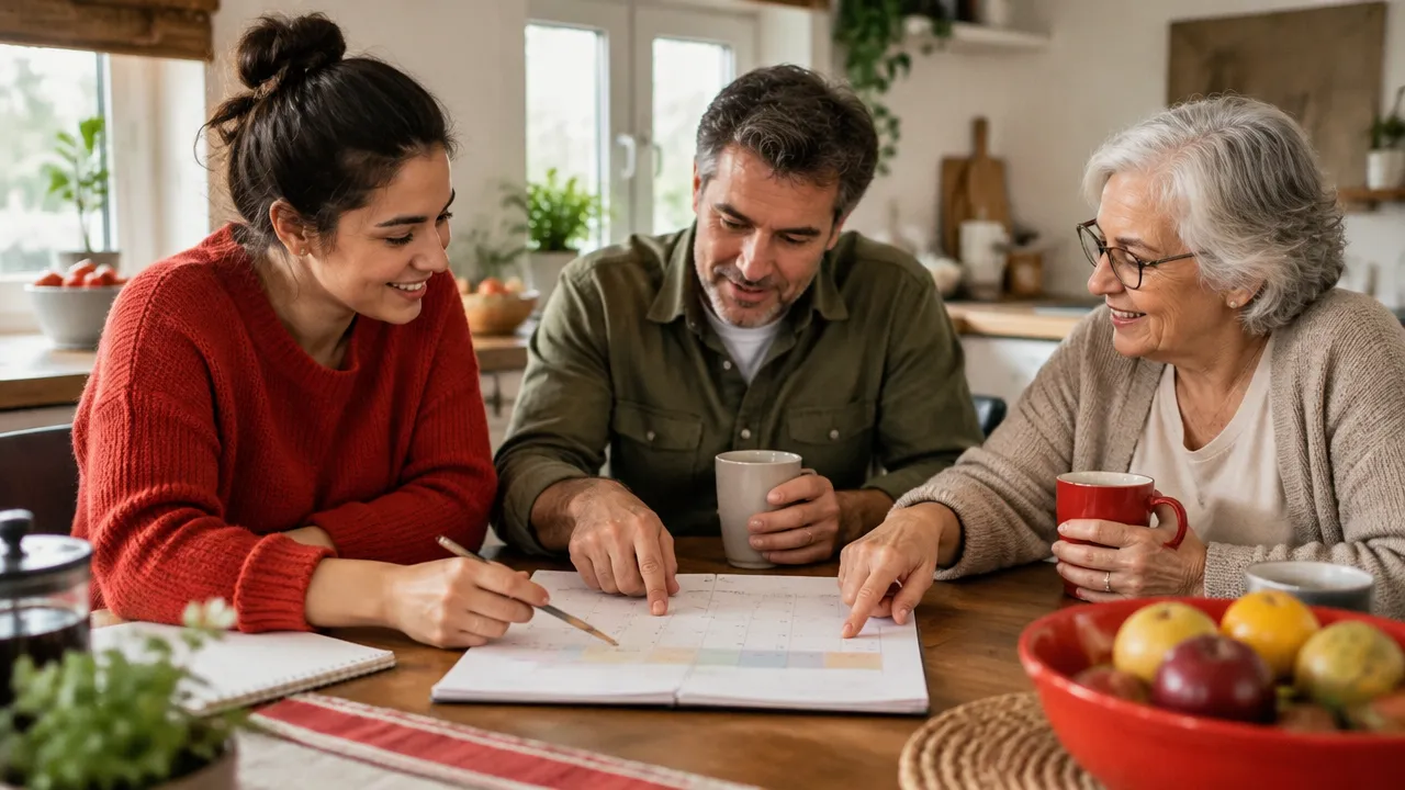 Três adultos de diferentes gerações planejam juntos a divisão de tarefas e decisões familiares