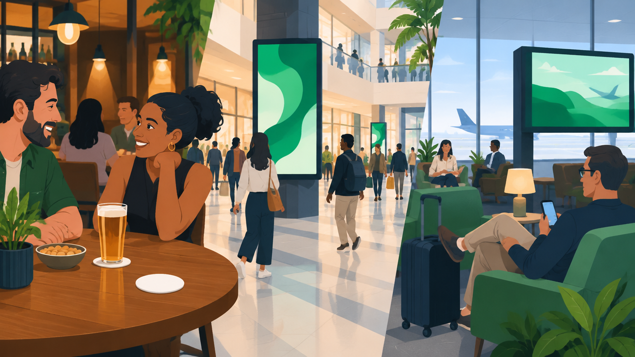 Três ambientes de mídia hiperlocal: mesa de restaurante com porta-copo, empreendimento com telas digitais e sala VIP de aeroporto.