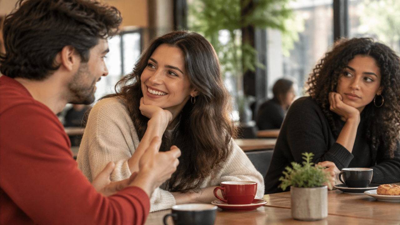 Três amigos adultos em uma cafeteria, com uma pessoa parecendo excluída da conversa