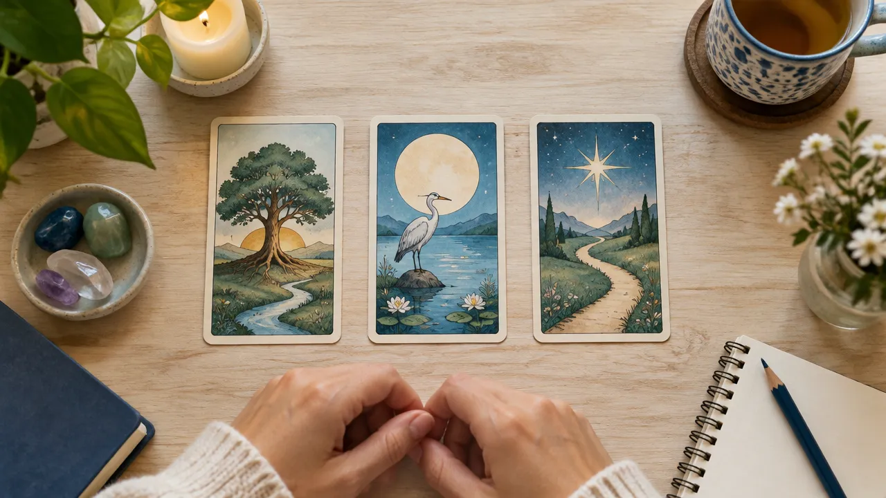 Três cartas de tarot alinhadas para uma tiragem simples, com caderno e lápis ao lado.