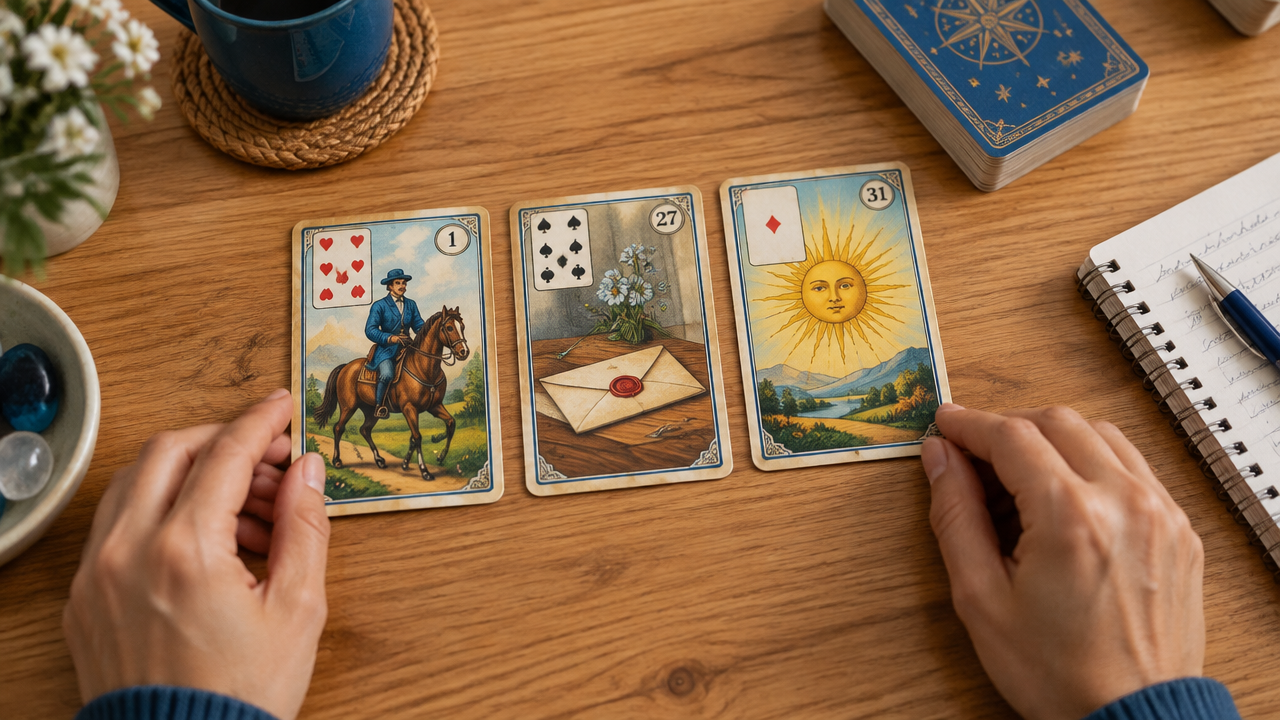 Três cartas do Baralho Cigano alinhadas para uma leitura simples, com os símbolos do Cavaleiro, da Carta e do Sol.