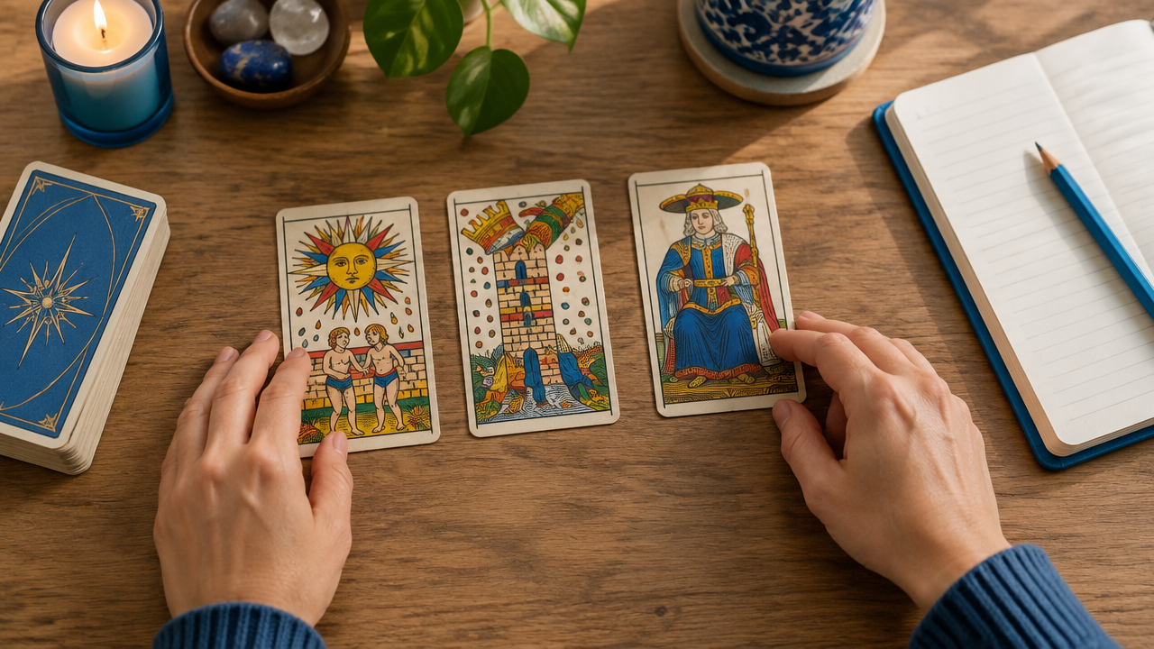 Três cartas do Tarô de Marselha alinhadas para uma tiragem de situação, desafio e próximo passo.