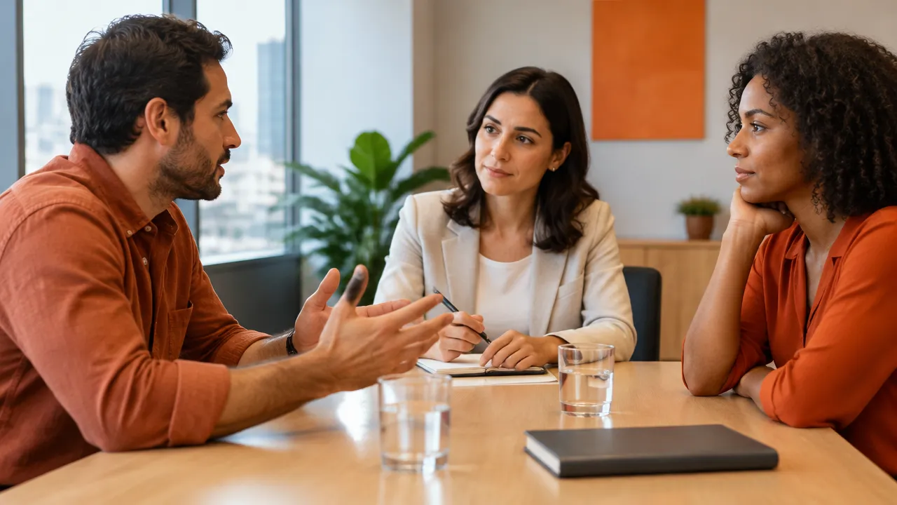 Tres colegas escuchan y dialogan con calma para resolver un desacuerdo laboral