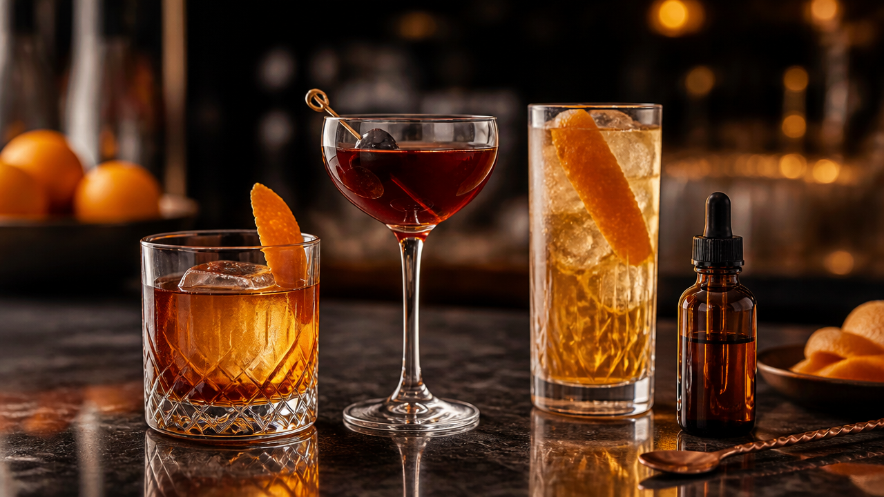 Três drinks clássicos em bancada de bar mostrando diferentes formas de usar bitters na coquetelaria.