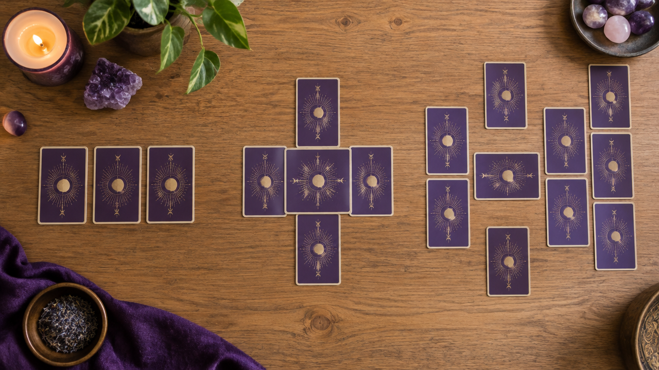 Três exemplos de disposições de Tarot sobre uma mesa, com tiragens de três cartas, cinco cartas e uma leitura mais ampla.