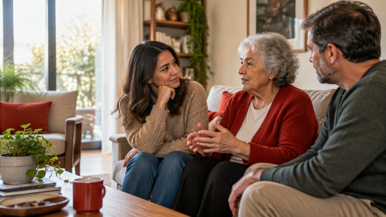 Três gerações de uma família conversam com atenção em uma sala de estar acolhedora.