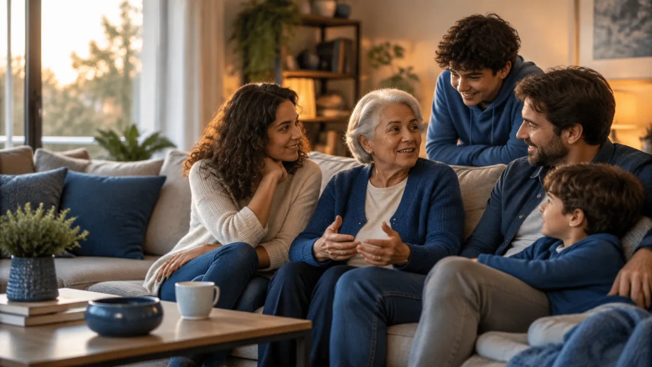 Três gerações de uma família conversam juntas em casa, representando as transições da vida familiar