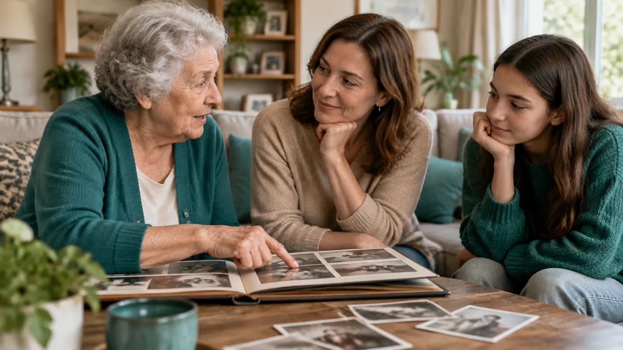 Três gerações observam um álbum de família enquanto conversam sobre histórias e expectativas herdadas.