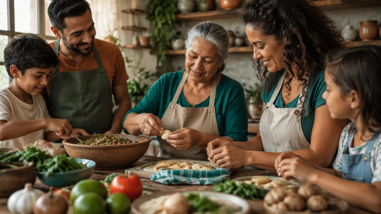 Três gerações preparando juntas uma refeição e compartilhando conhecimentos culinários