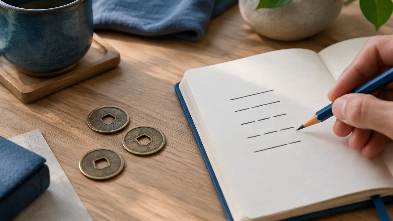 Três moedas e um caderno com seis linhas de um hexagrama durante uma consulta ao I Ching.
