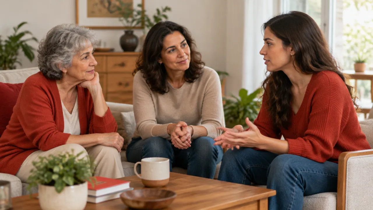 Três mulheres de gerações diferentes conversam em família com escuta e abertura