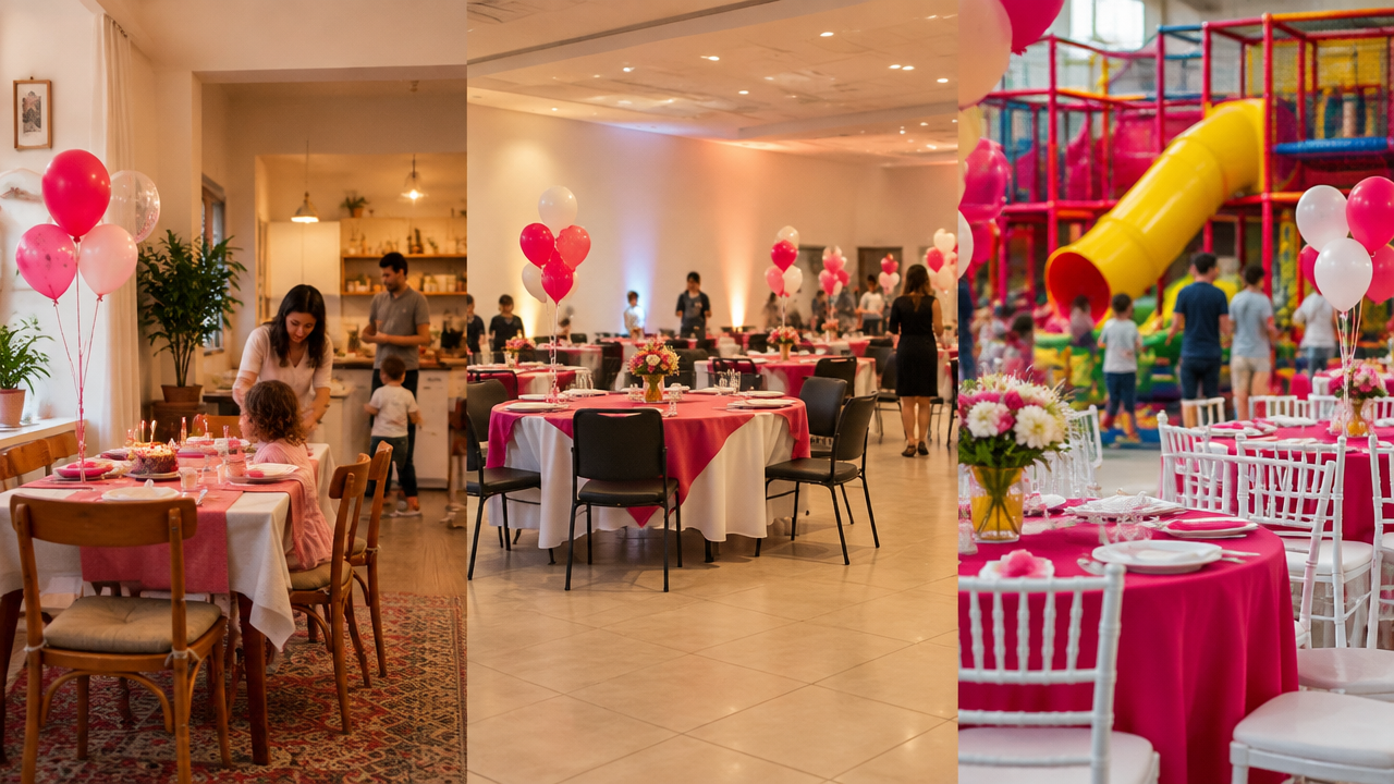 Três opções de local para festa infantil: casa, salão de eventos e buffet