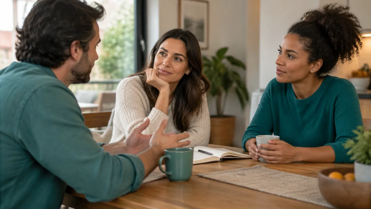 Tres personas conversan alrededor de una mesa y observan con calma cómo sus respuestas influyen unas en otras.
