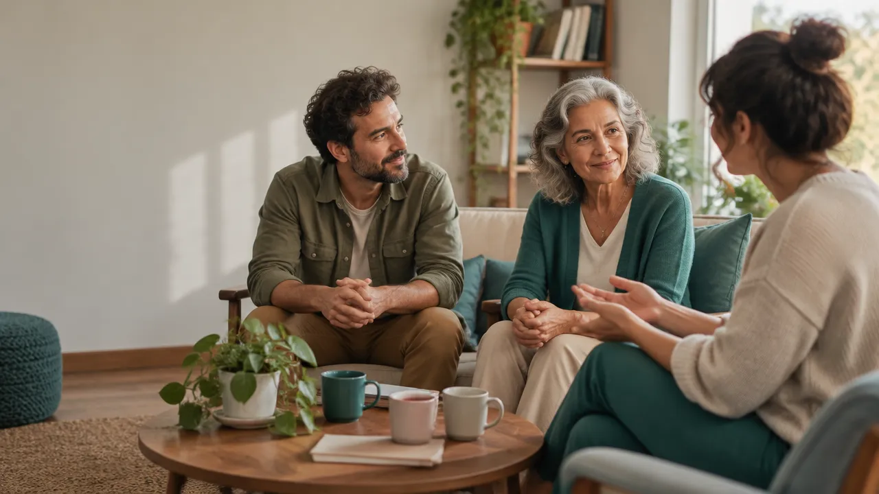 Tres personas conversan en círculo con escucha atenta, representando la comprensión de la persona dentro de sus relaciones y contexto.