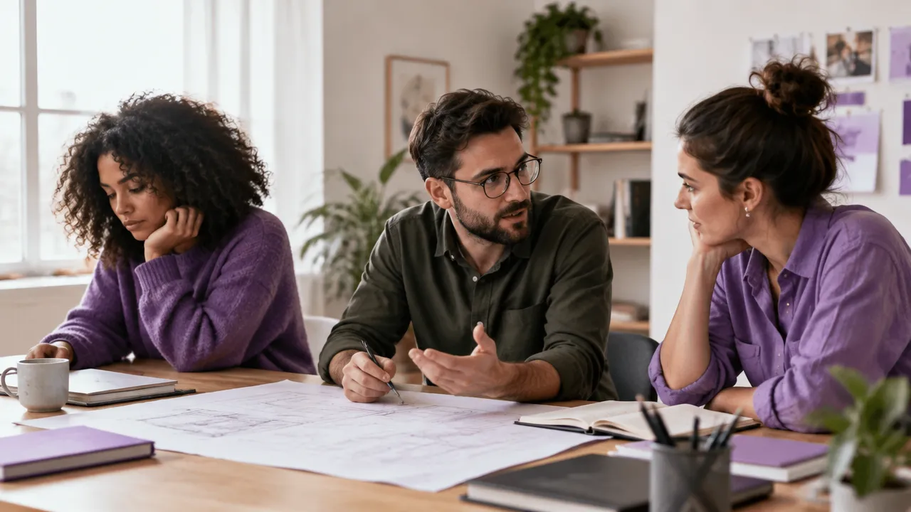 Tres personas en una mesa de trabajo, dos colaboran mientras una permanece emocionalmente desconectada.
